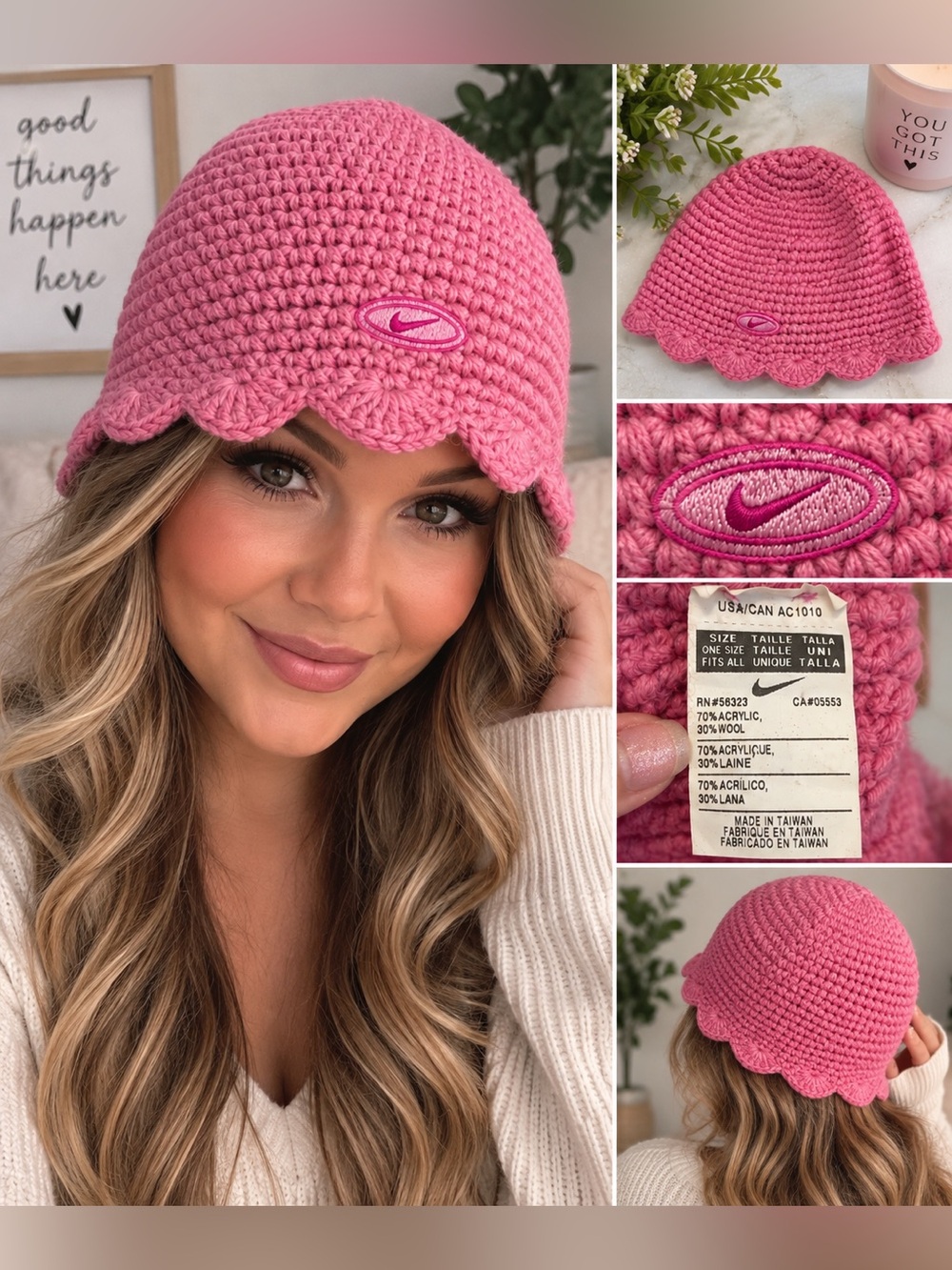 Vintage Nike Pink Crochet Knit Beanie Hat 🩷